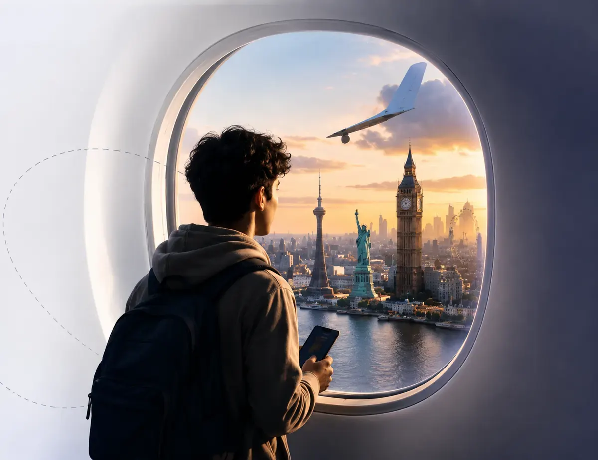 Student looking through airplane window